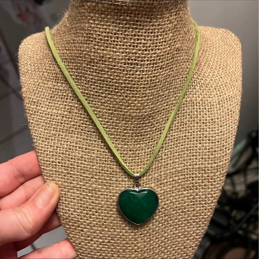 Wrapped silver Faceted Man made Green Jade Heart Pendant necklace
